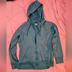 Nike Women's Med. Full Zip Fleece Lined Turquoise Hooded Jacket W Pockets